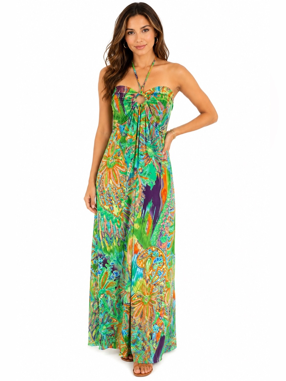 Alyn Paige Strapless Halter Maxi Dress Green Paisley Tropical Print Size Large